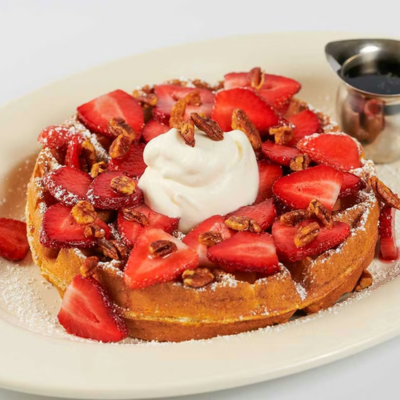 Giant Belgian Waffle with Strawberries Pecans and Chantilly Cream